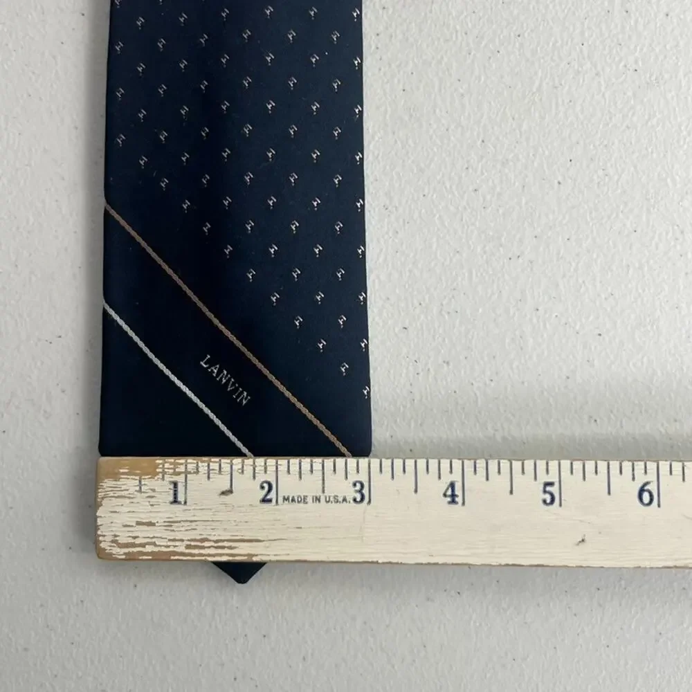 Lanvin Paris Necktie Men's Navy Blue Striped Pin Dot Logo
